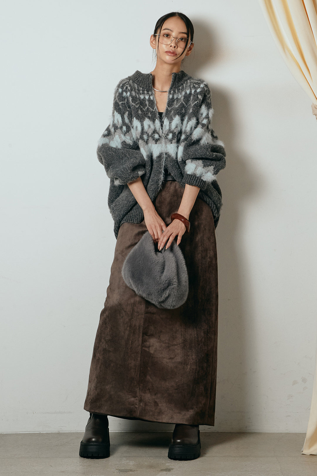 [SET]起毛ダブルジップパターンニットカーディガン+エコスウェードワイドスカート(2set)