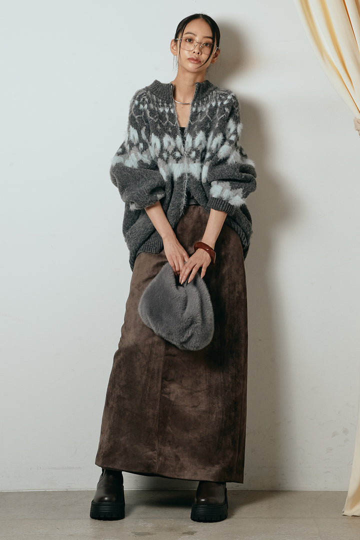 [SET]起毛ダブルジップパターンニットカーディガン+エコスウェードワイドスカート(2set)