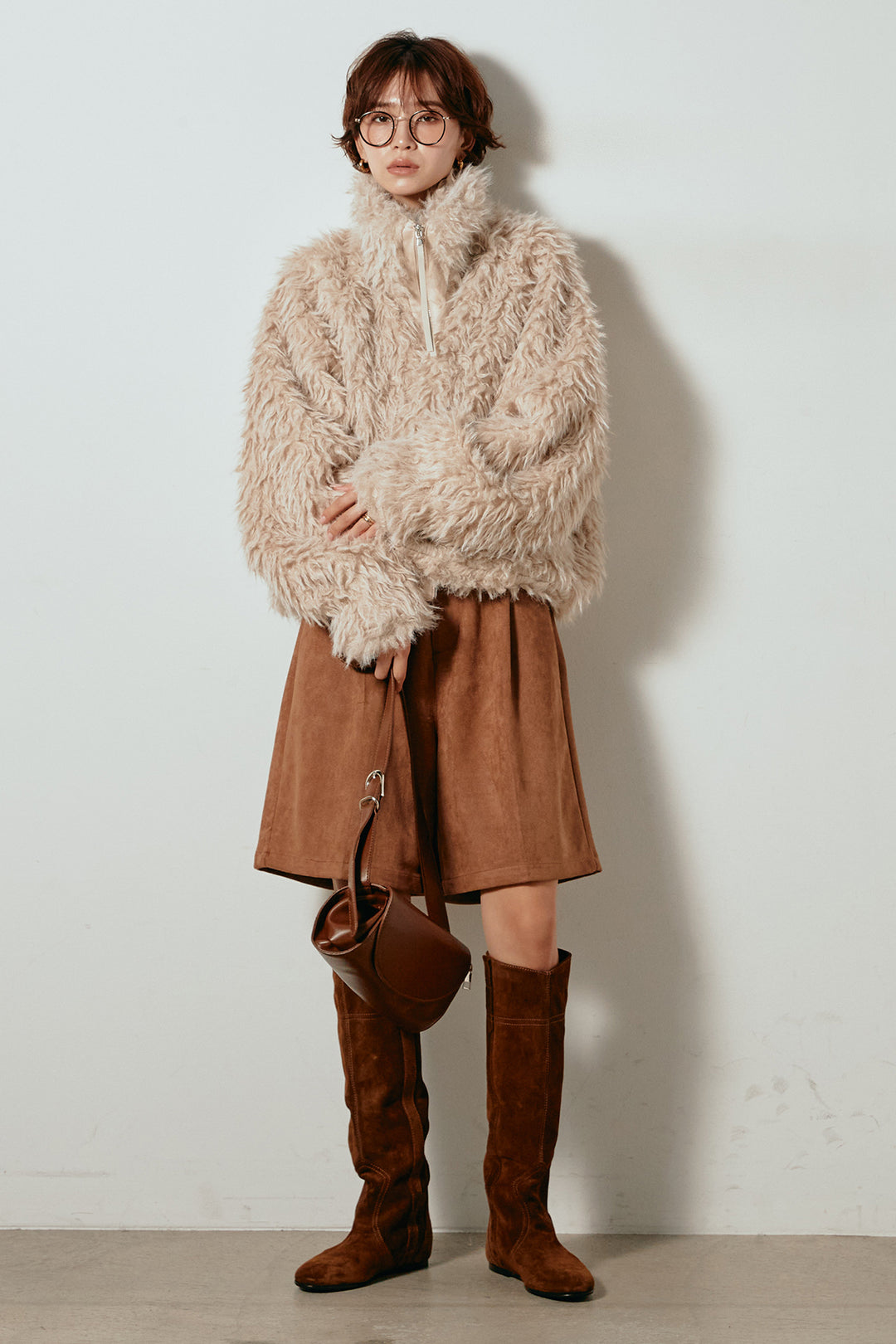 [SET]ミックスシープファースタンドブルゾン+フェイクスウェードハーフパンツ(2set)