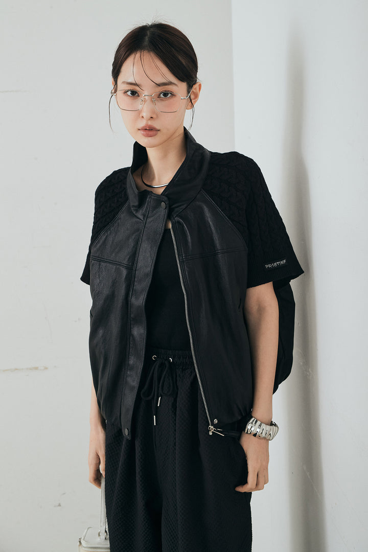 [SET]ニット切替レザーライクベスト+シアサッカーイージーパンツ(2set)