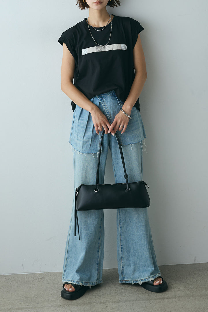 [SET]英字デザインノースリーブTシャツ+レイヤードデニムパンツ(2set)