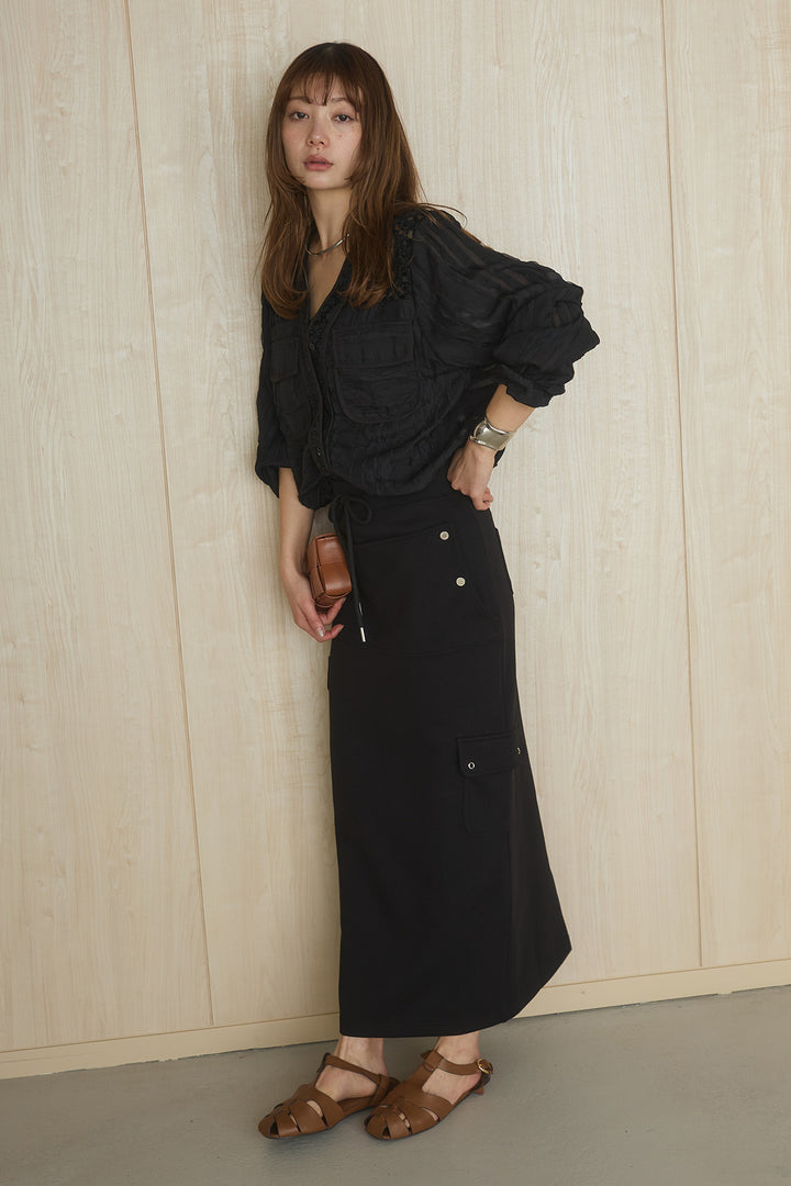 [SET]異素材切替シアーメッシュカーディガン+ドットボタン付きカットタイトスカート(2set)