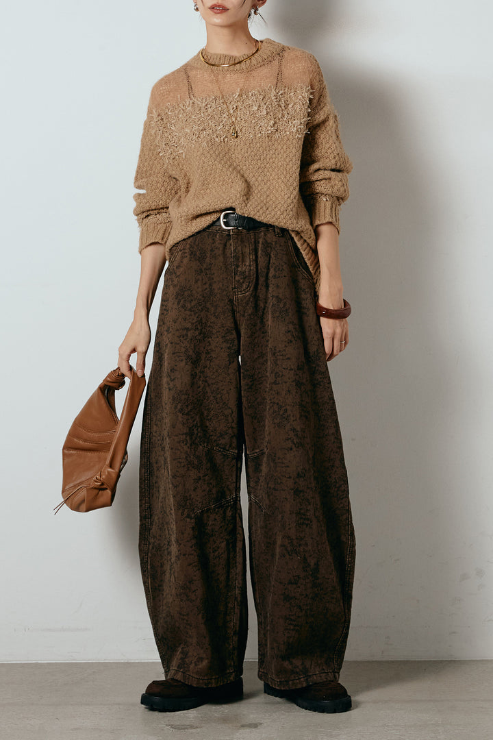 [SET]パターンランダム編みニットトップス+ベルト付きニュアンス柄カーブワイドパンツ(2set)