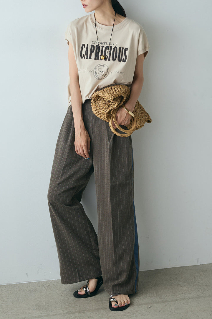 [SET]サガラ刺繍フレンチスリーブTシャツ+ピンストライプサイドラインワイドパンツ(2set)