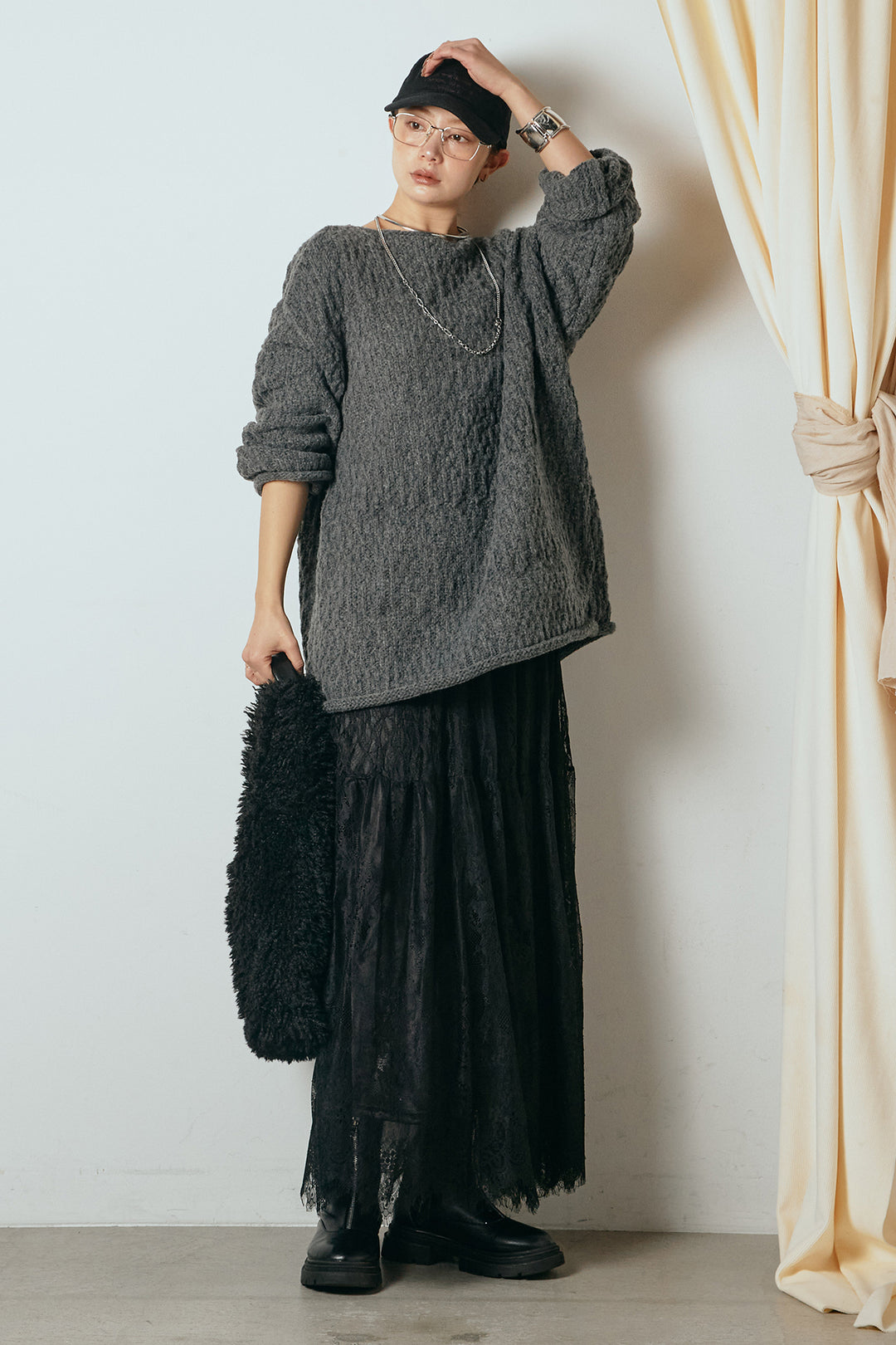 [SET]ボリューム編みニットプルオーバー+ひげレース切替ロング丈スカート(2set)