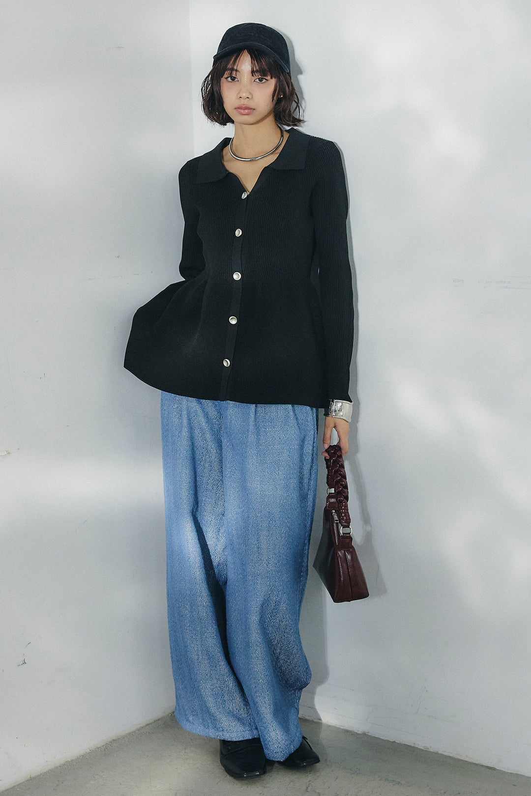 [SET]スキッパーペプラムニット+デニムライクヘリンボーンタックパンツ(2set)