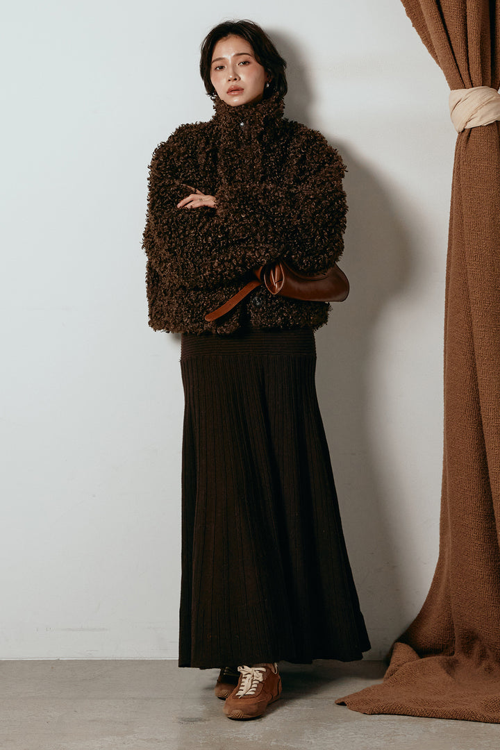 [SET]プードルファーミドルジャケット+編み地切り替えフレアニットスカート(2set)