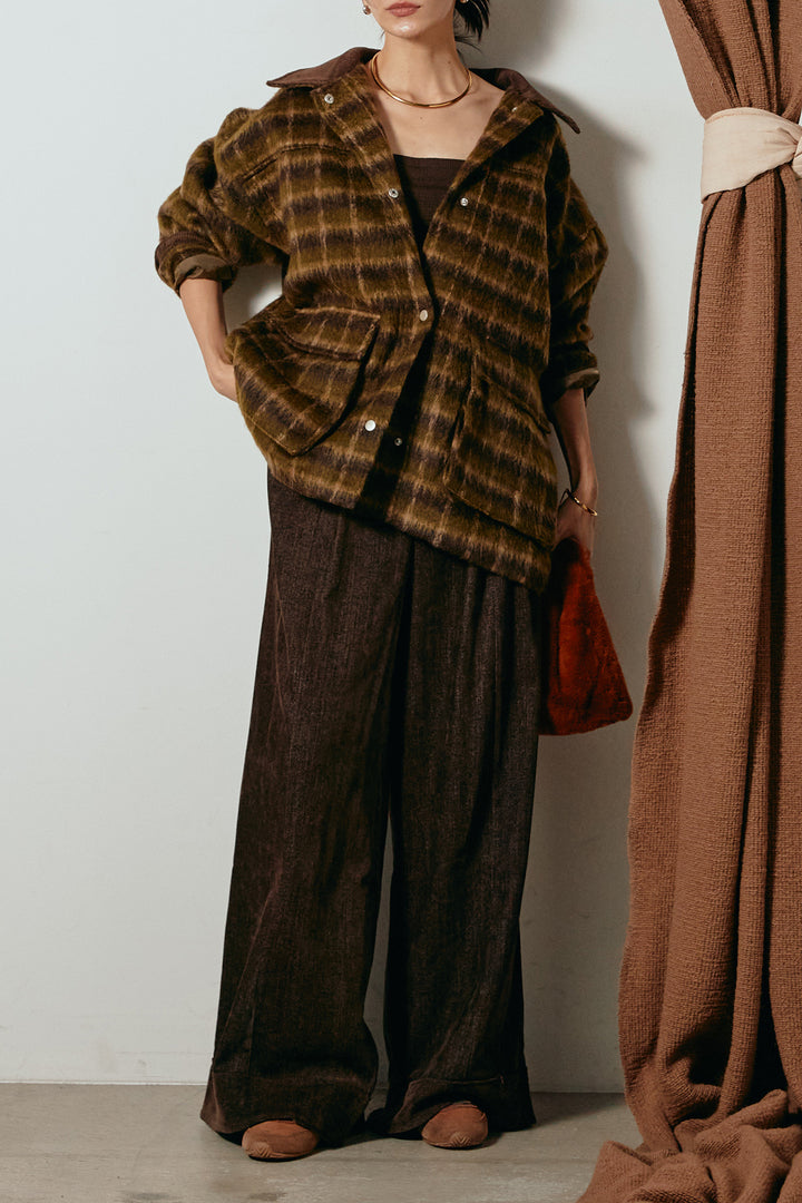 [SET]チェックシャギーミドルカバーオール+フェイクレザーベルト付きスウェードライクワイドパンツ(2set)