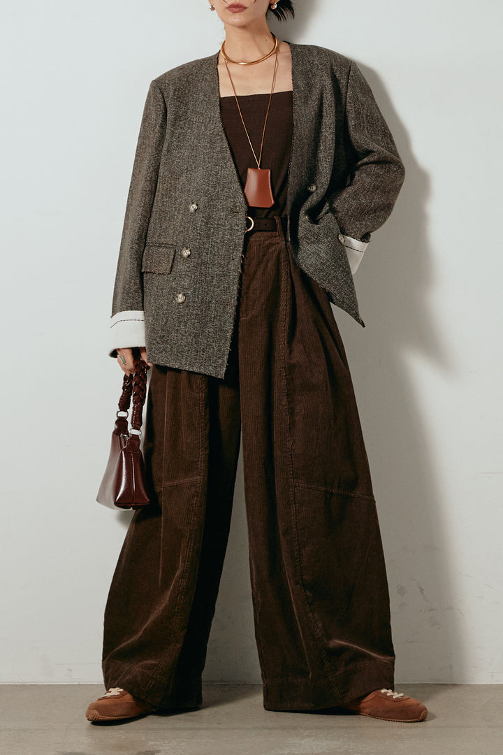 [SET]ノーカラーダブルボタンツイードジャケット+タック入りコーデュロイワイドパンツ(2set)