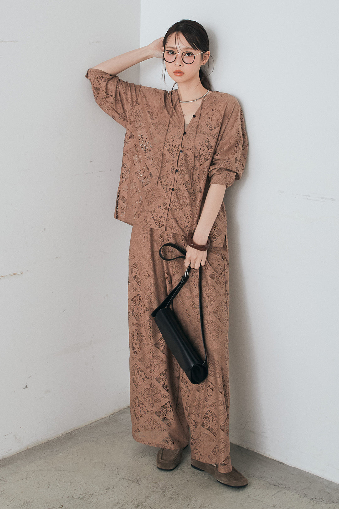 [SET]ブロックレースフード付きブラウス+リラックスブロックレースワイドパンツ(2set)