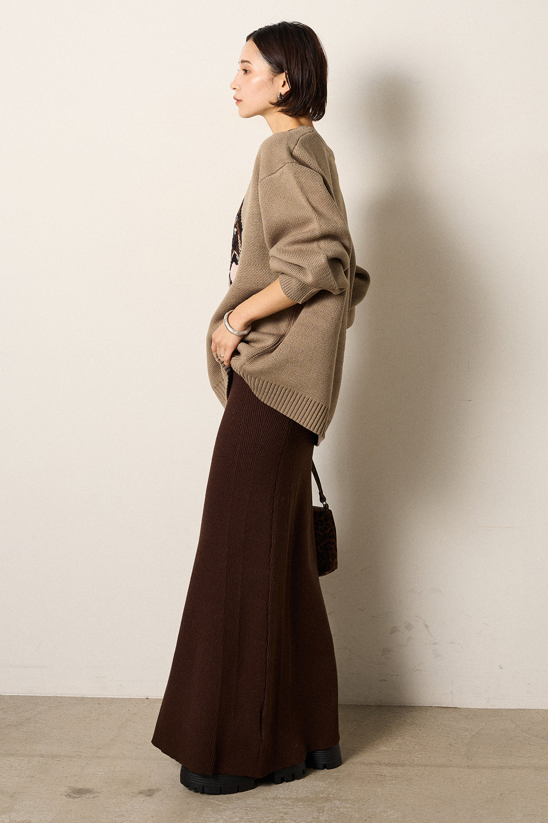 [SET]アニマルジャガード柄ニットトップス+リブナローニットスカート(2set)