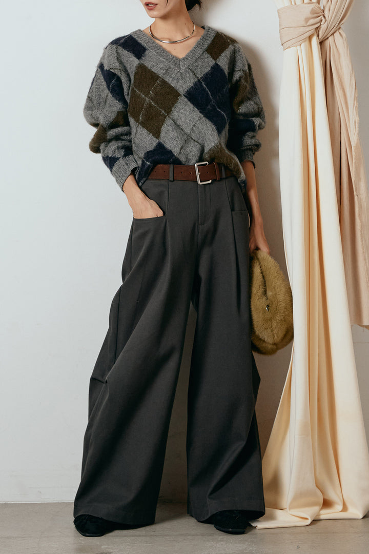 [SET]アクリルモヘアアーガイルVネックプルオーバー+太ベルト付きタックデザインワイドパンツ(2set)