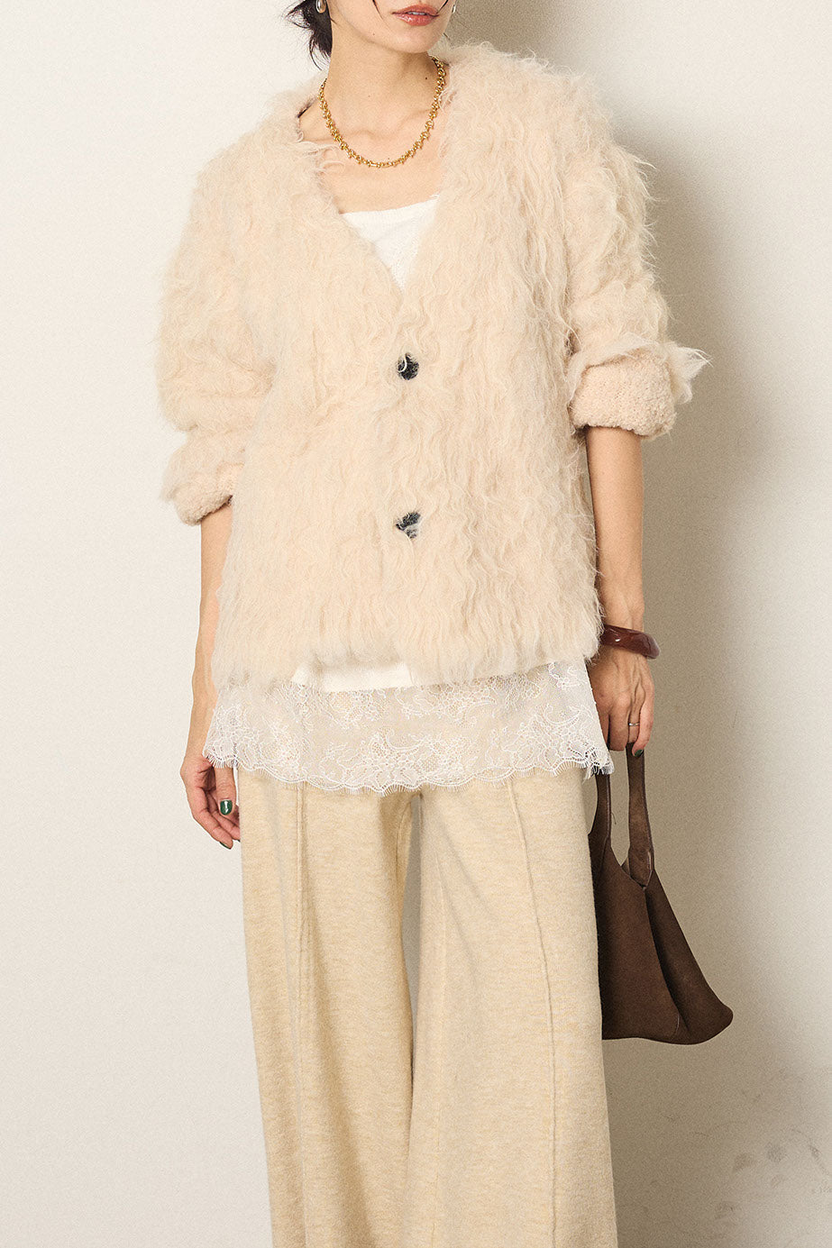 [SET]起毛シャギーニットカーディガン+レース切り替えキャミソール(2set)