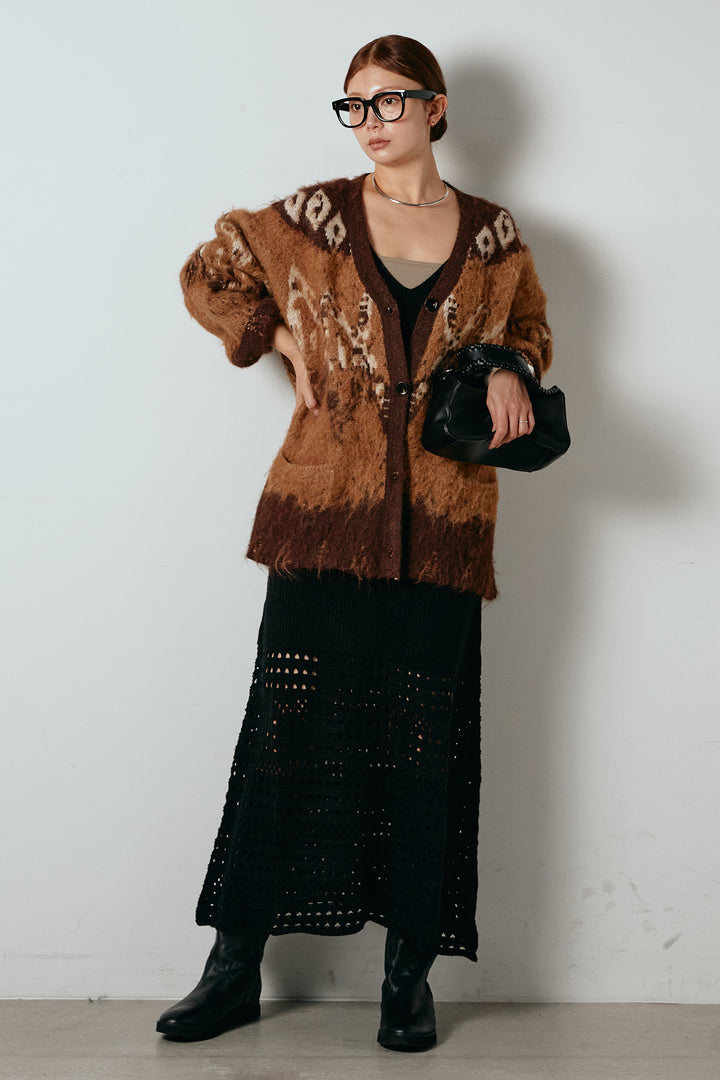 [SET]シャギーニュアンス柄ニットカーディガン+裾透かし編みキャミソールニットワンピース(2set)