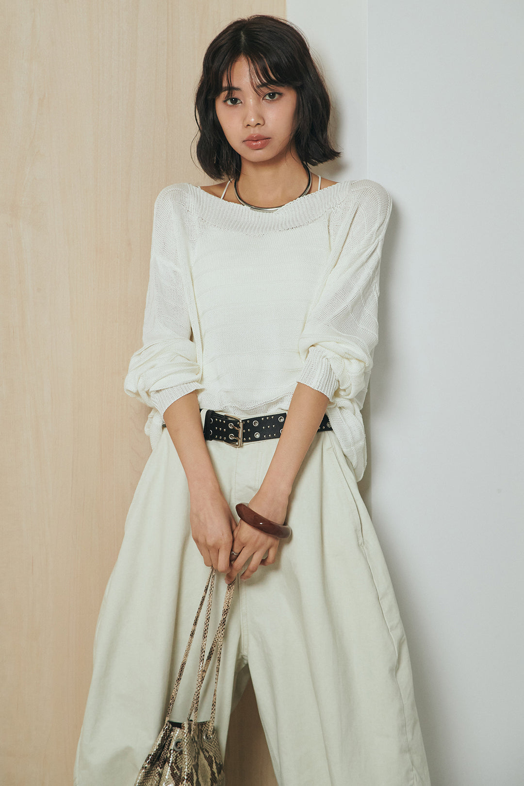 [SET]麻混リラックスニットトップス+ベルト付きカラーデニムパンツ(2set)