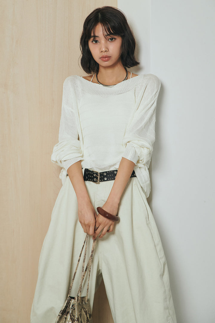 [SET]麻混リラックスニットトップス+ベルト付きカラーデニムパンツ(2set)