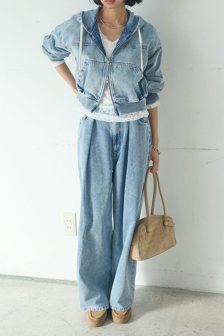 【着回しセット】[SET]デニムダブルジップパーカーブルゾン+デニムタックカーブパンツ+デニムダブルジップパーカーブルゾン(3set)