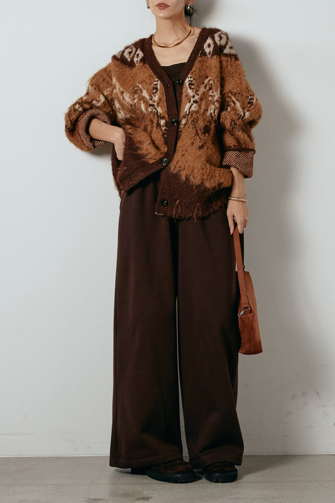 [SET]シャギーニュアンス柄ニットカーディガン+裏起毛スウェットワイドパンツ(2set)