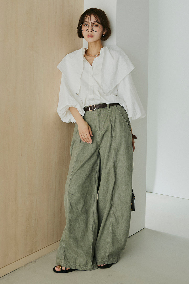 [SET]ケープカラーナイロンブラウス+サイドベルトカーブワイドパンツ(2set)