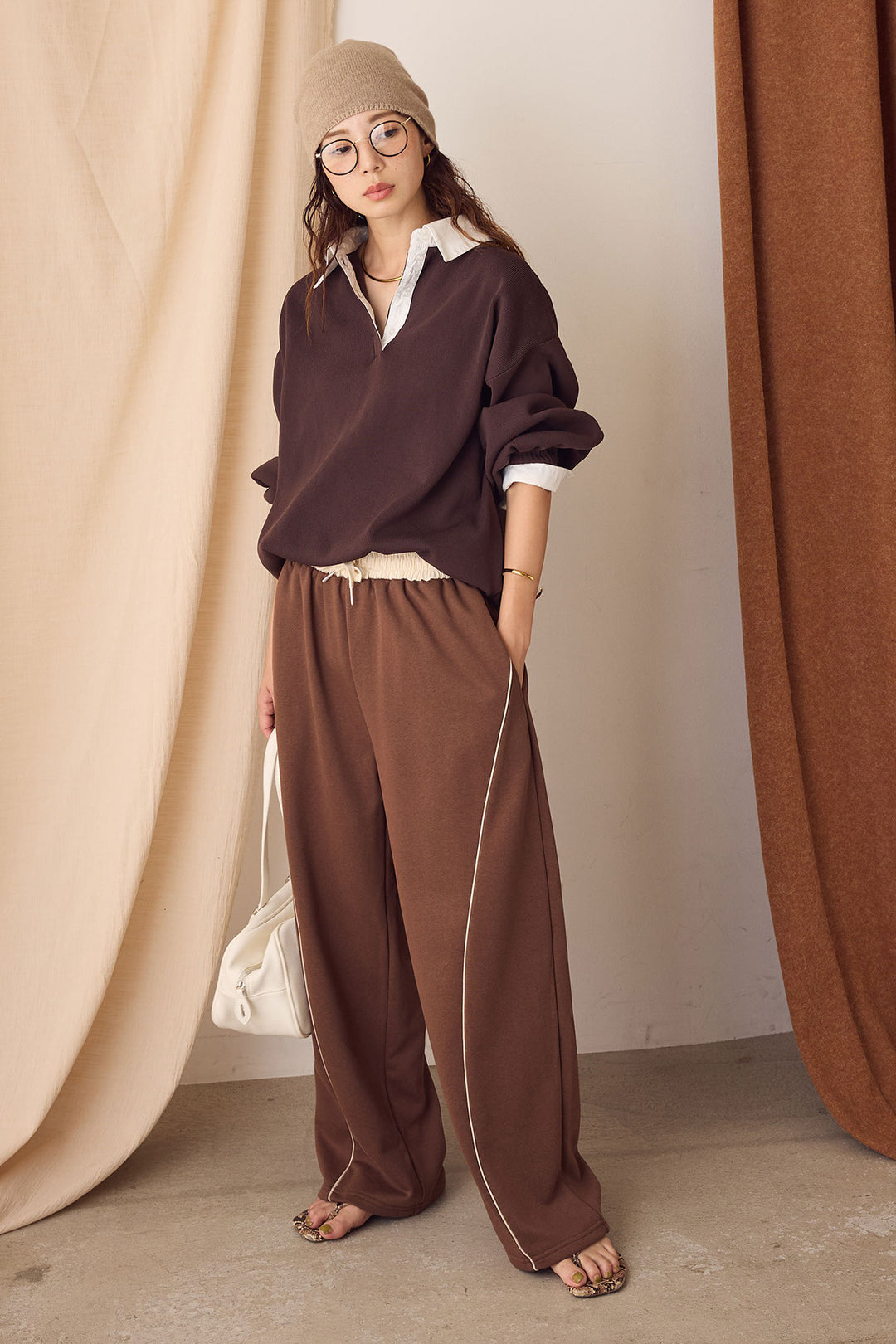 【即納】襟付きポロトップス/ブラウン