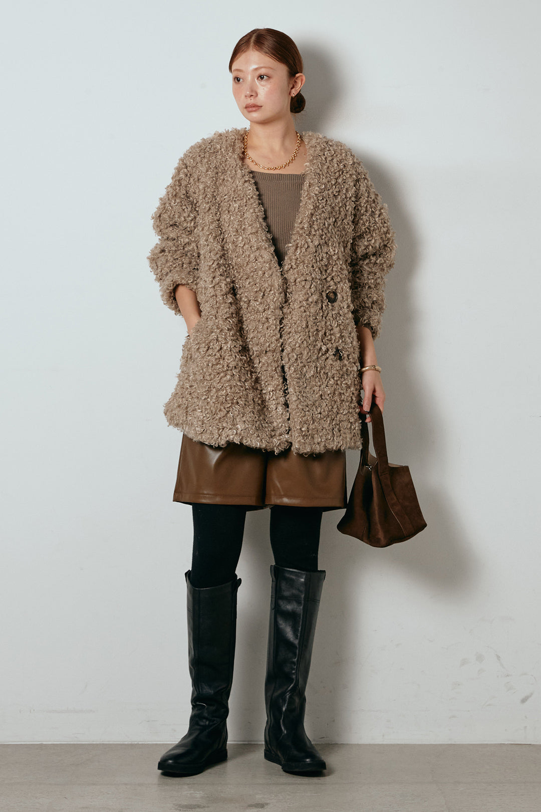 [SET]シープライクファージャケット+ストレッチエコレザーバミューダパンツ(2set)