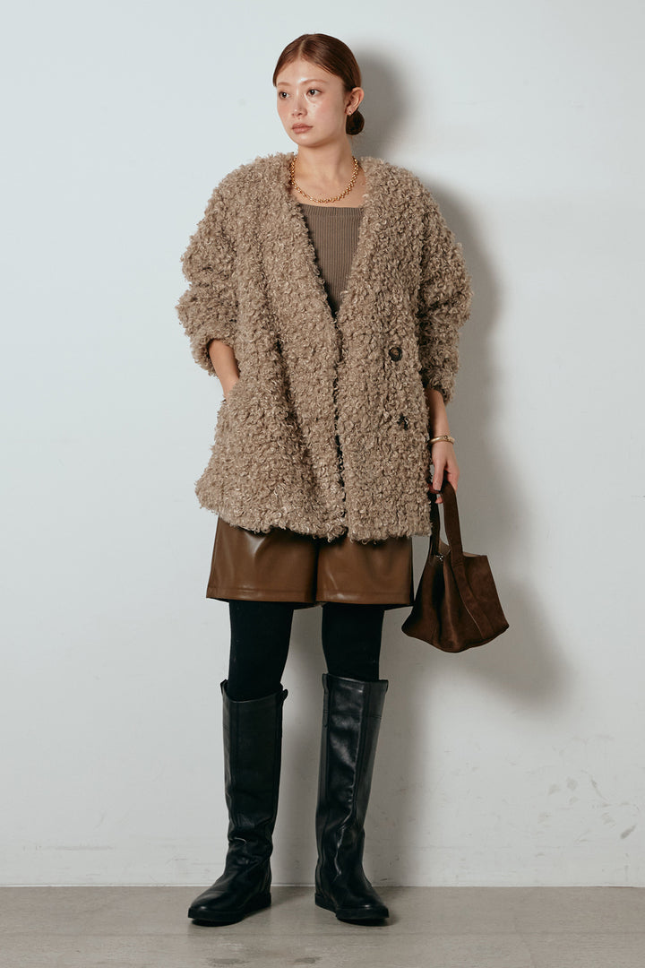 [SET]シープライクファージャケット+ストレッチエコレザーバミューダパンツ(2set)