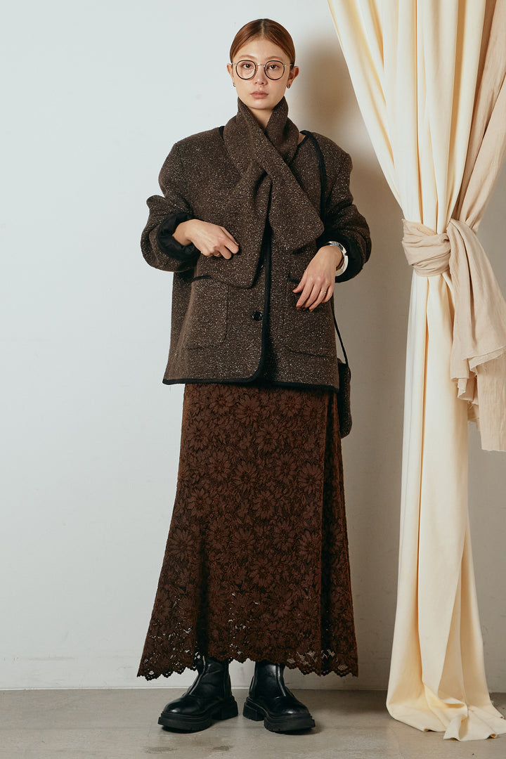 [SET]ノーカラーマフラーバッグ付きアウター+花柄刺繍ベロアフレアスカート(2set)