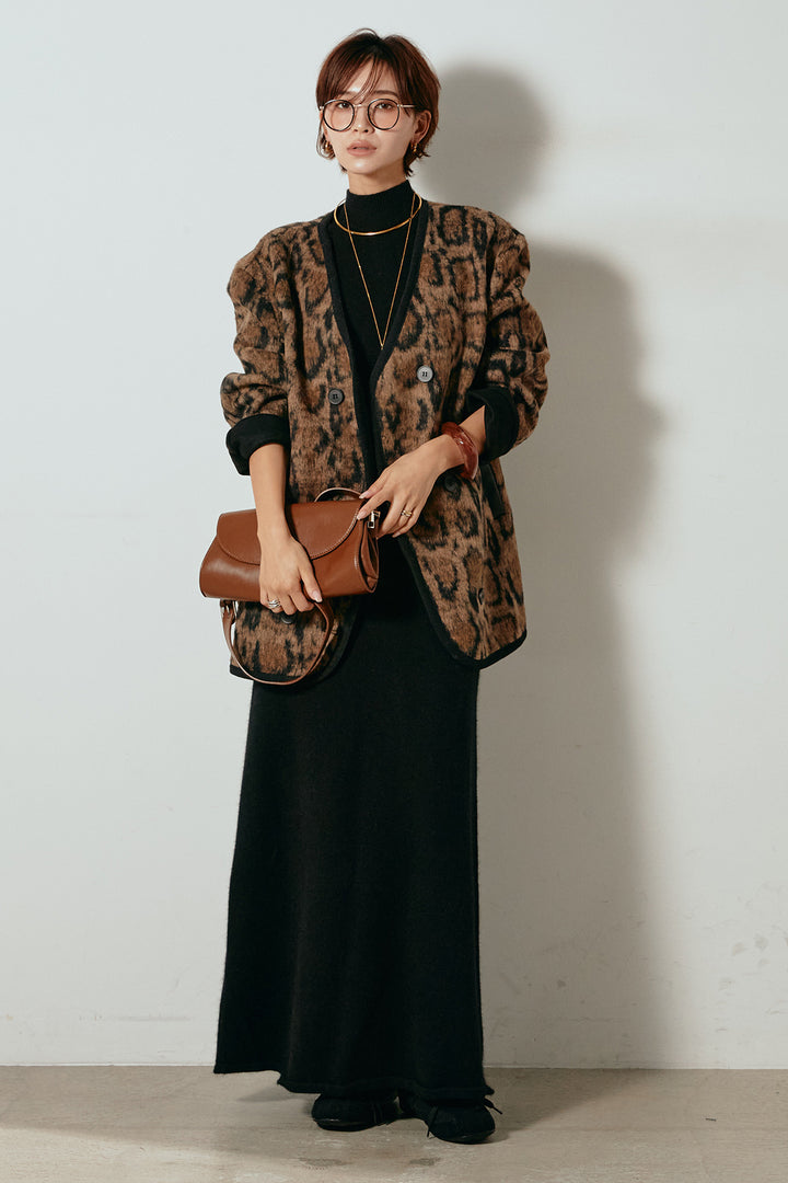 [SET]ノーカラーレオパード柄アウター+ノースリーブニットロングワンピース(2set)