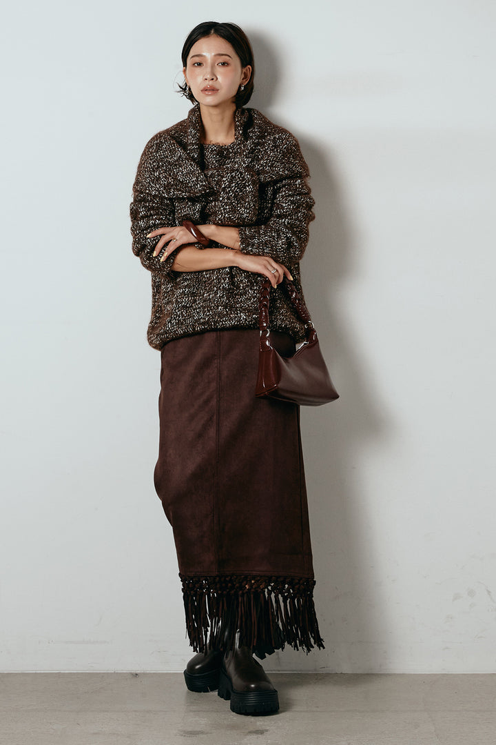 [SET]スカーフ付きミックスニットトップス+スウェードライク裾フリンジスカート(2set)