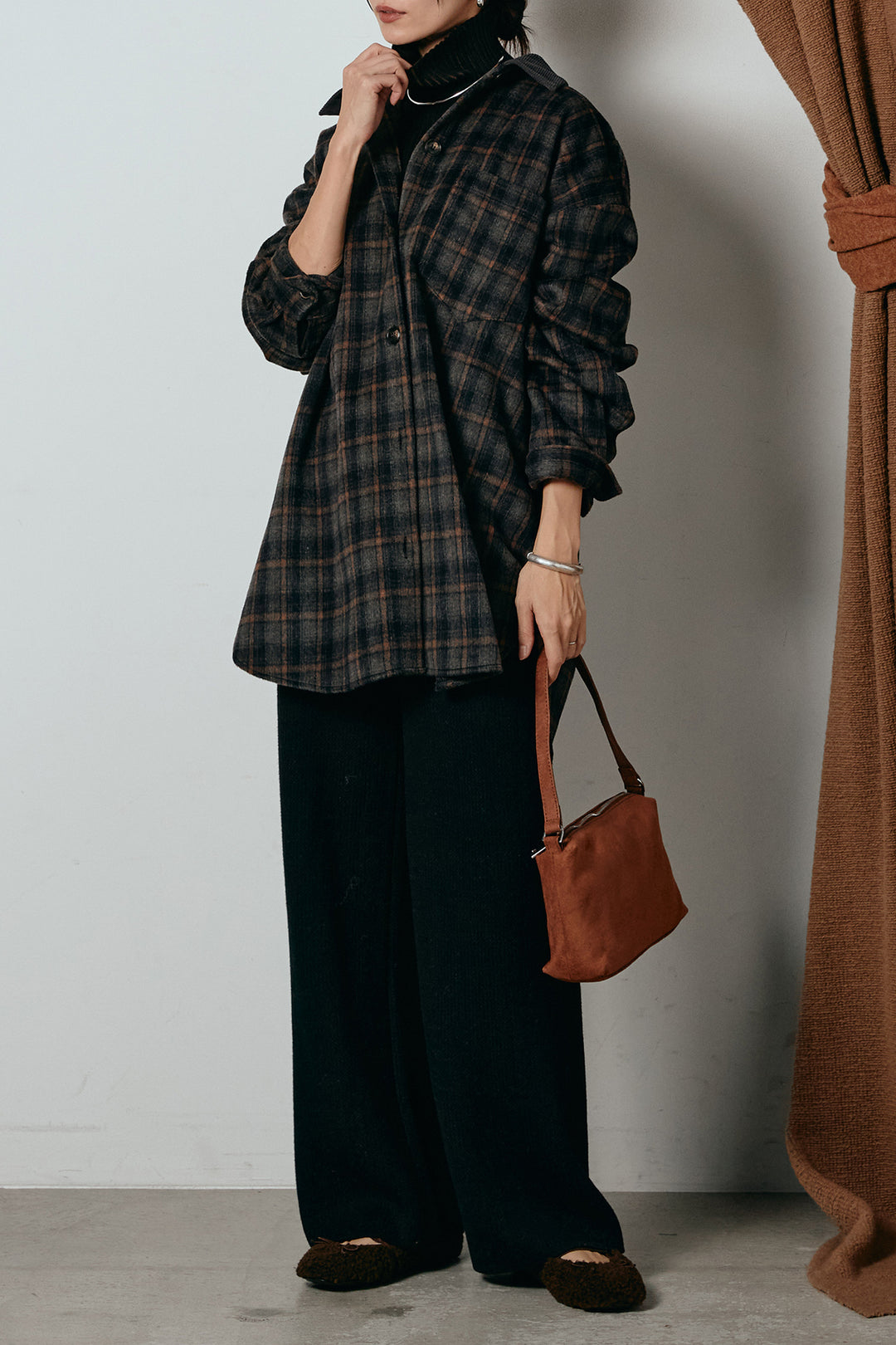 [SET]シャギーチェックシャツジャケット+ワイドリブニットイージーパンツ(2set)