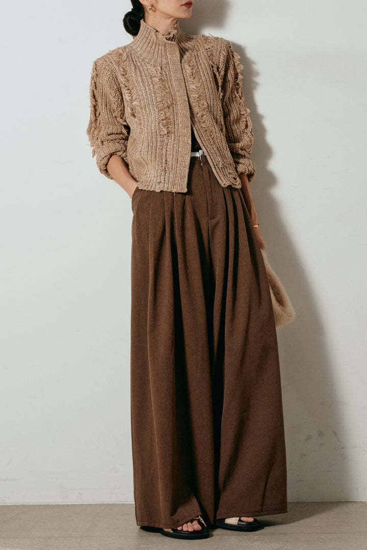 [SET]ハイネックフリンジジップニットトップス+ウエストステッチデザインワイドスラックス(2set)