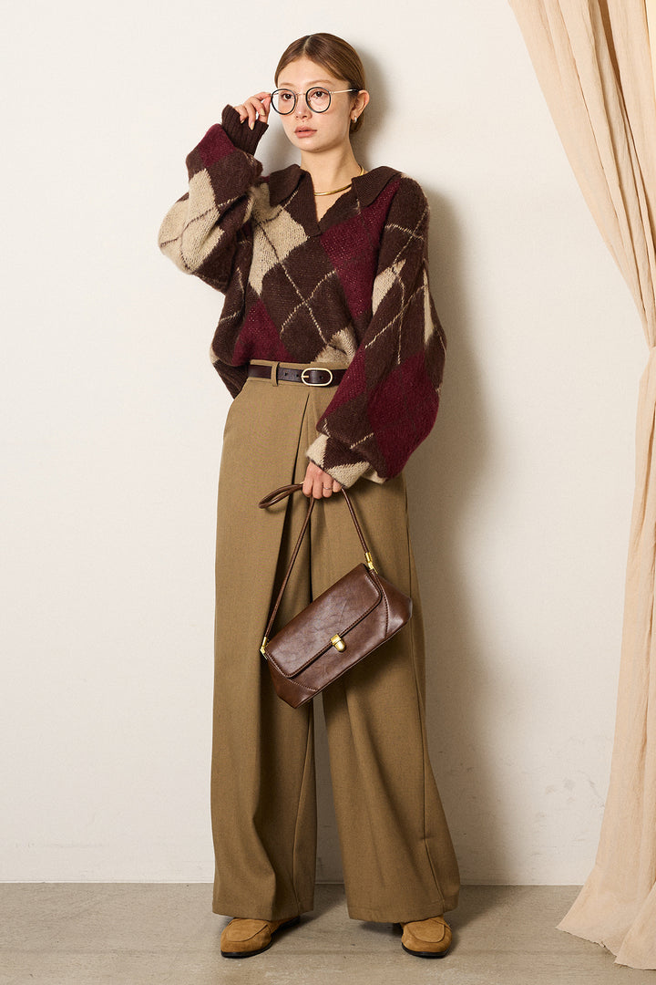 [SET]アクリルモヘアアーガイルキーネックプルオーバー+フロントワイドタックネップ入ワイドパンツ(2set)