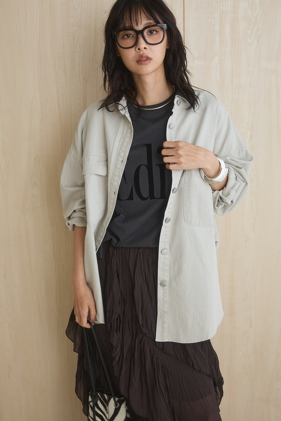 [SET]襟レザーライクシャツジャケット+ビッグロゴプリントTシャツ+ランダムフリルスカート(3set)