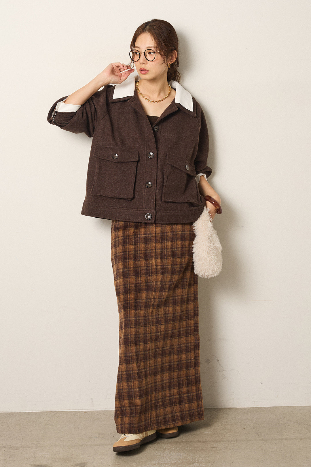 [SET]衿レイヤードフェイクウールジャケット+シャギーチェックストレートスカート(2set)