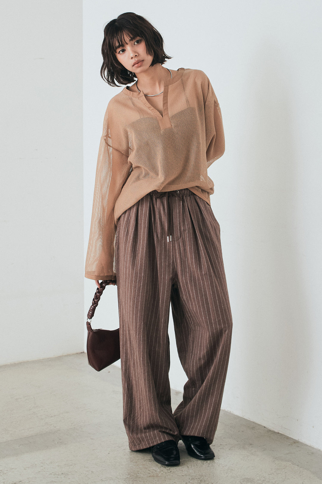 [SET]メッシュカットソースキッパープルオーバー+リネンライクストライプタックイージーパンツ(2set)