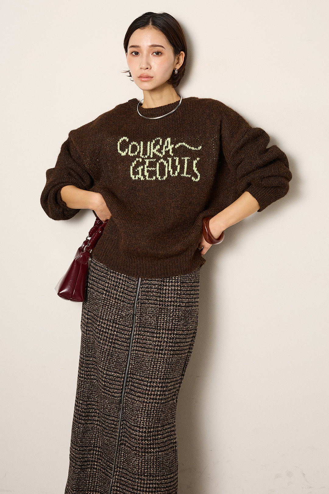 [SET]ロゴシャギーニットプルオーバー+グレンチェック柄フロントジップタイトスカート(2set)