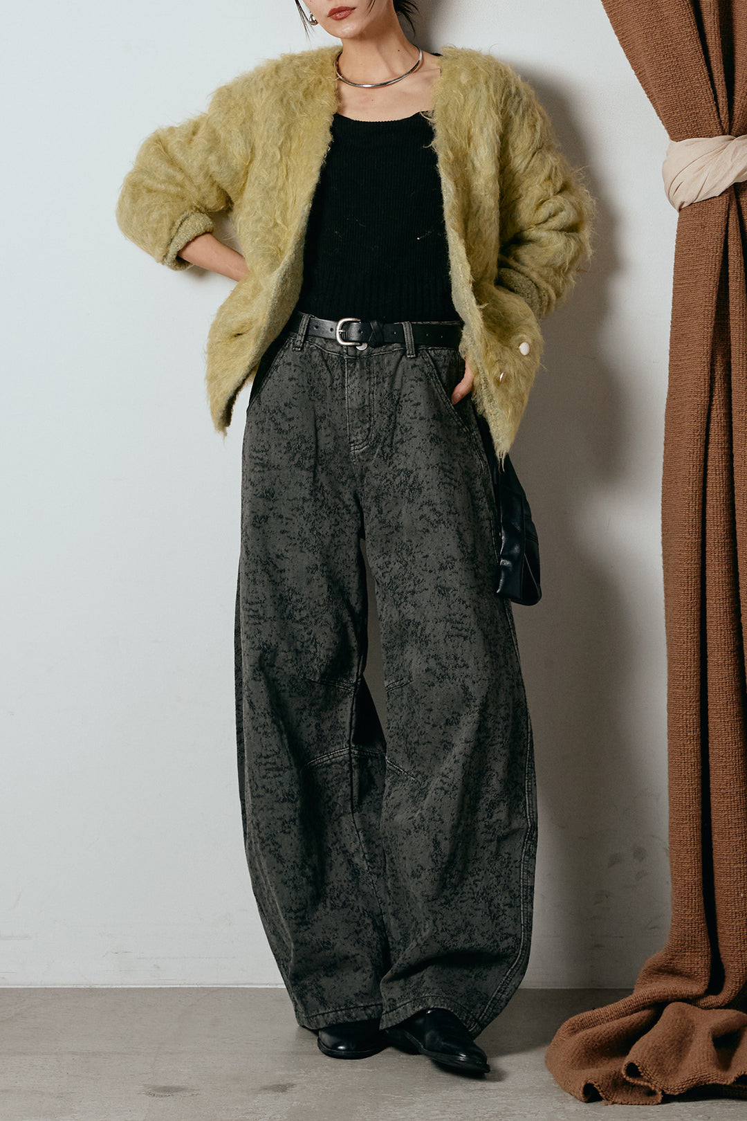 [SET]ウェーブシャギーニットジャケット+ベルト付きニュアンス柄カーブワイドパンツ(2set)