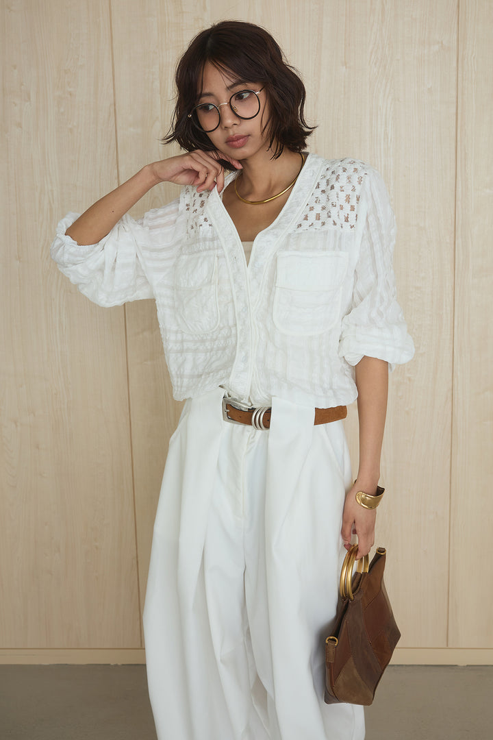 [SET]異素材切替シアーメッシュカーディガン+ベルトループワイドパンツ(2set)