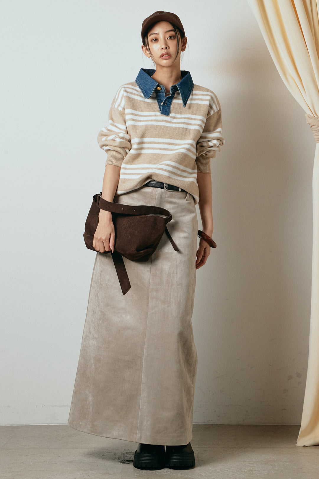 [SET]デニムレイヤード風ランダムボーダーニットプルオーバー+エコスウェードワイドスカート(2set)