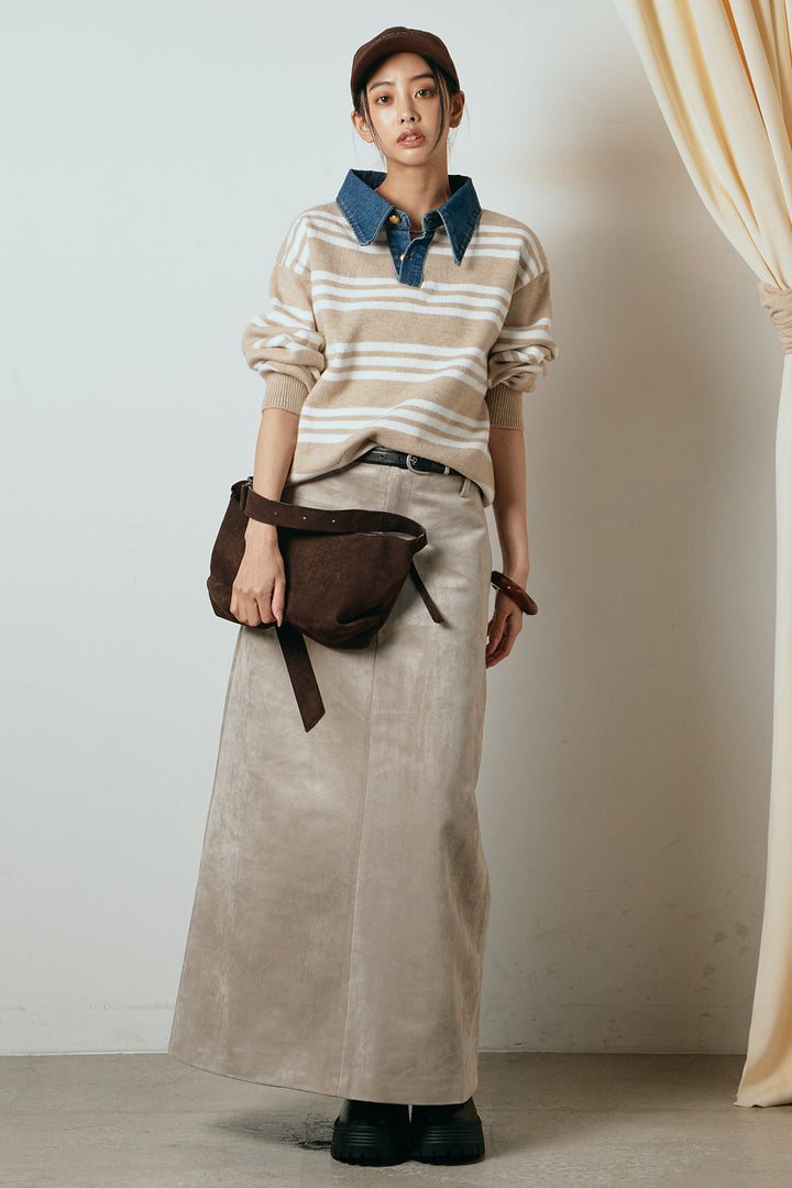 [SET]デニムレイヤード風ランダムボーダーニットプルオーバー+エコスウェードワイドスカート(2set)