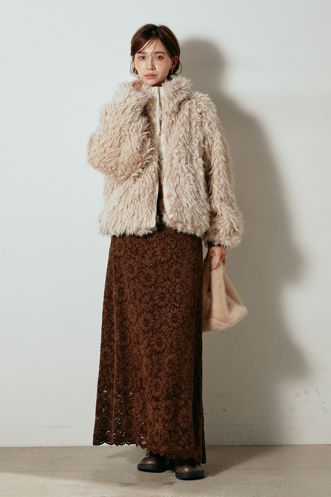 【着回しセット】[SET]ミックスシープファースタンドブルゾン+花柄刺繍ベロアフレアスカート+フェイクウールタックトラウザーズパンツ(3set)