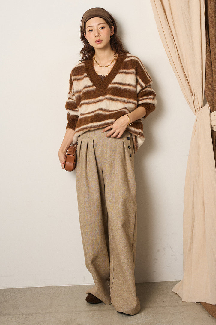[SET]ルーズVネックボーダーニットトップス+サイドボタンツイードタックパンツ(2set)