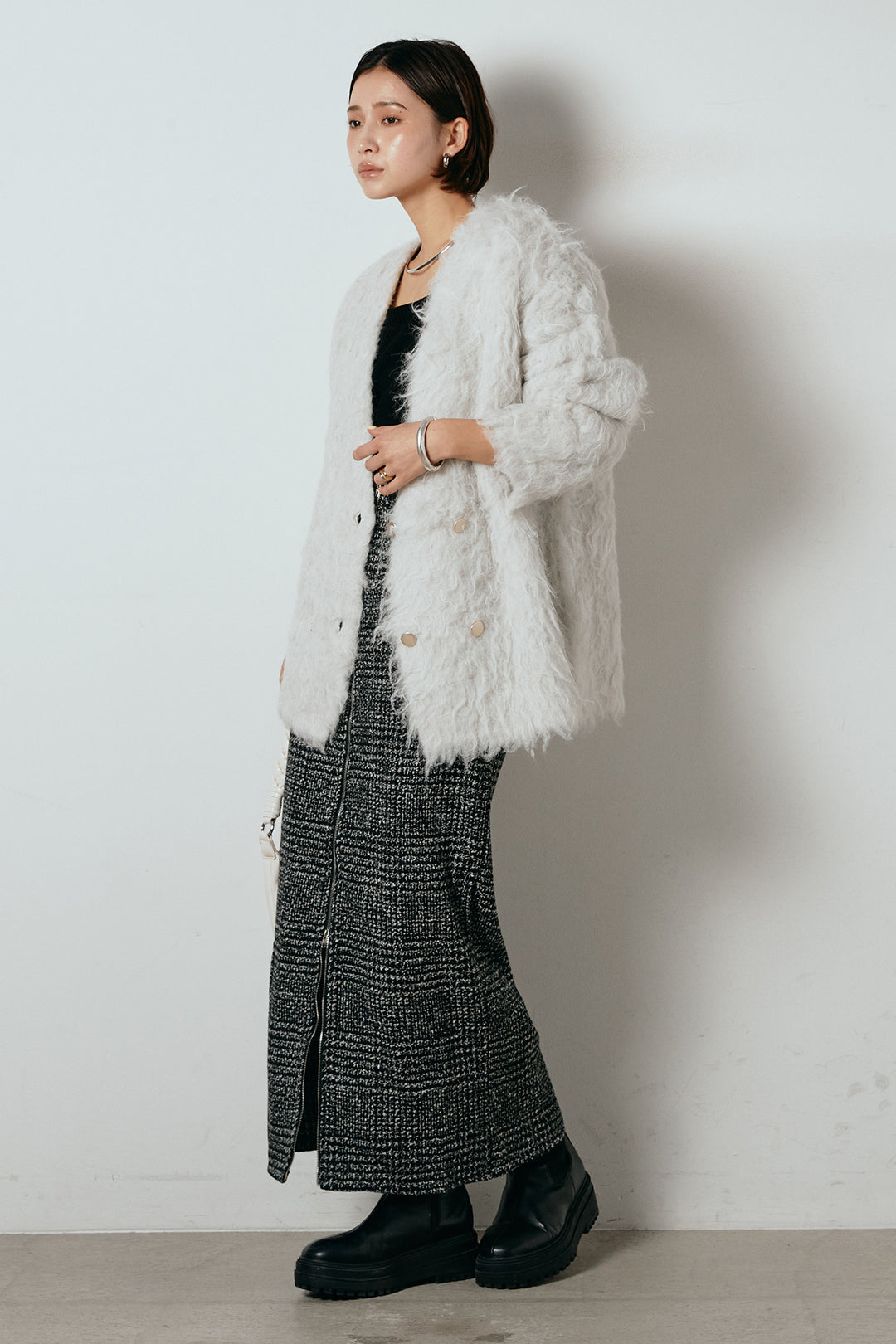 [SET]ウェーブシャギーニットジャケット+グレンチェック柄フロントジップタイトスカート(2set)