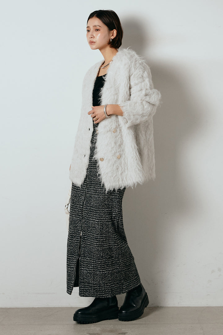 [SET]ウェーブシャギーニットジャケット+グレンチェック柄フロントジップタイトスカート(2set)