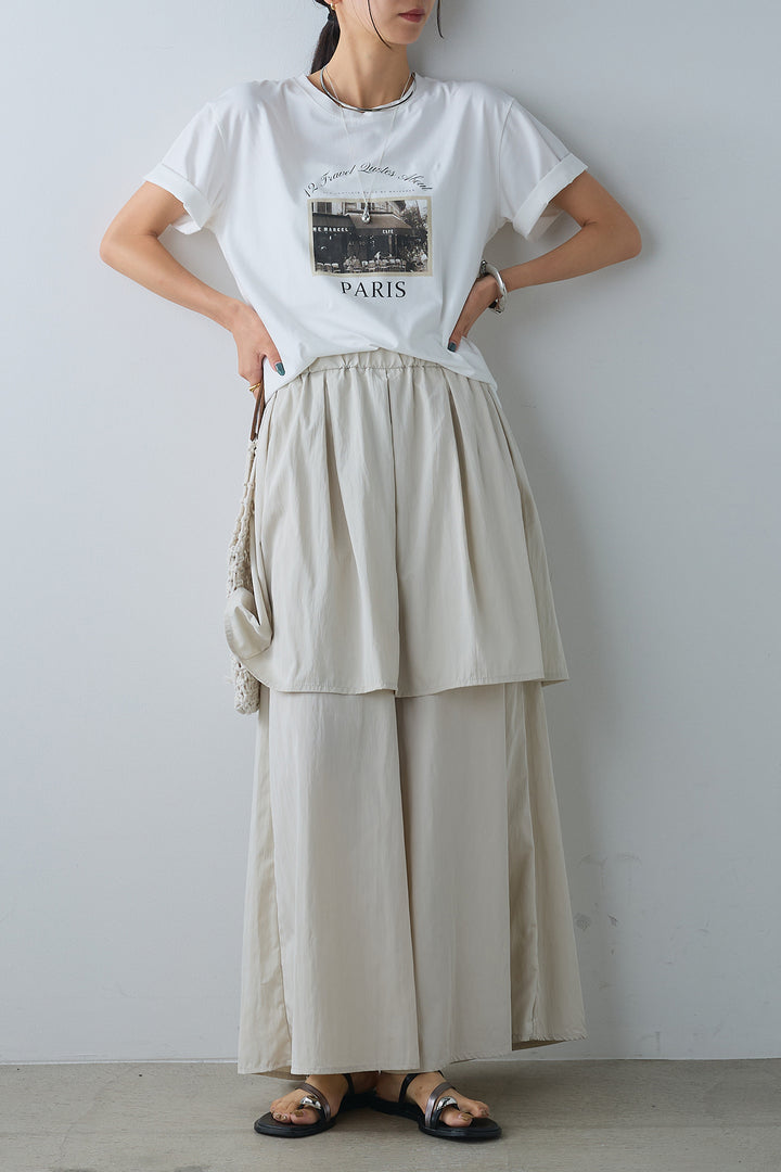 [SET]PARISフォトTシャツ+タックスカートドッキングフレアパンツ(2set)
