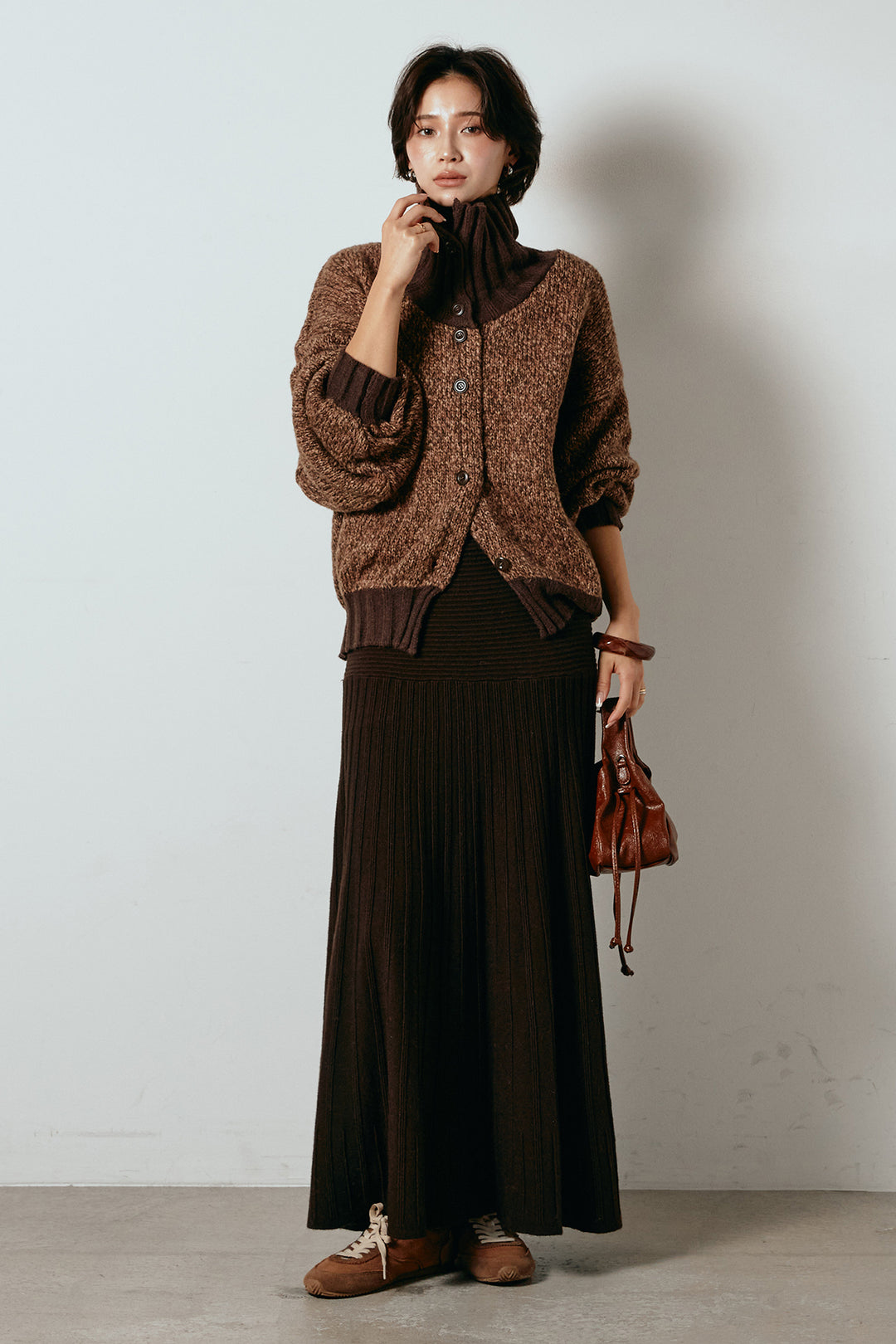 [SET]ハイネックミックスニットカーディガン+編み地切り替えフレアニットスカート(2set)