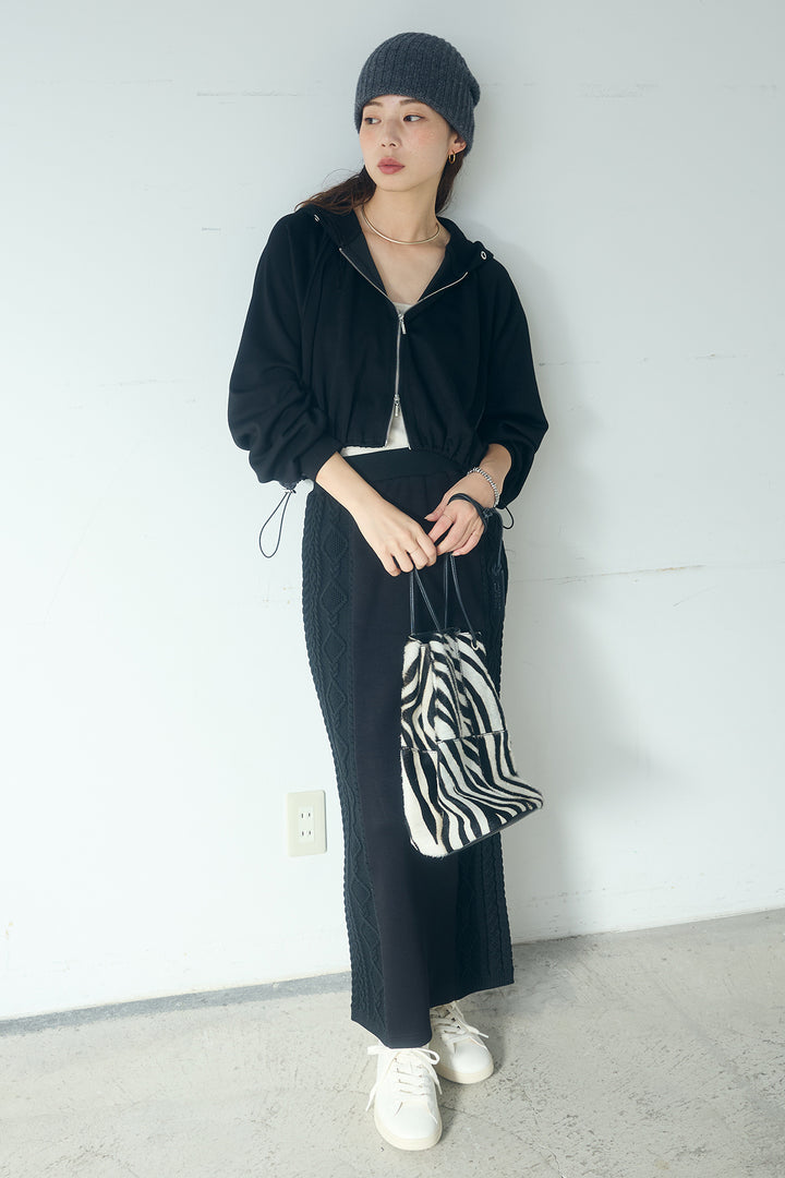 [SET]ドルマンショートフーディー+異素材ドッキングケーブルニットスカート(2set)