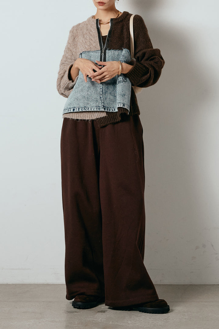 [SET]ハーフジップニットデニムドッキングトップス+裏起毛スウェットワイドパンツ(2set)