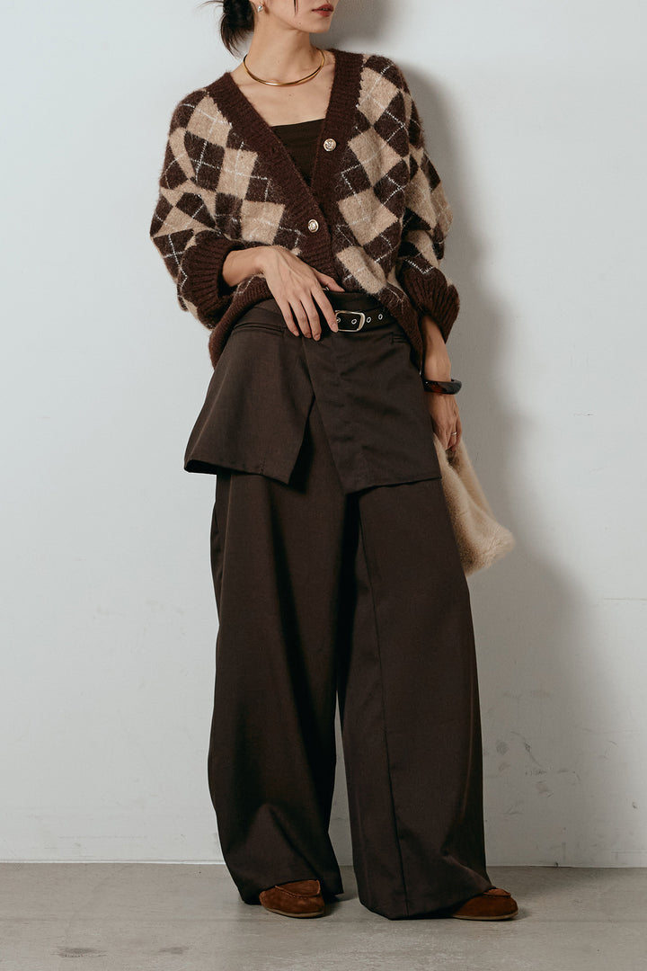 [SET]オーバーサイズ総柄Vネックニットカーディガン+ベルト付きウエストデザインパンツ(2set)