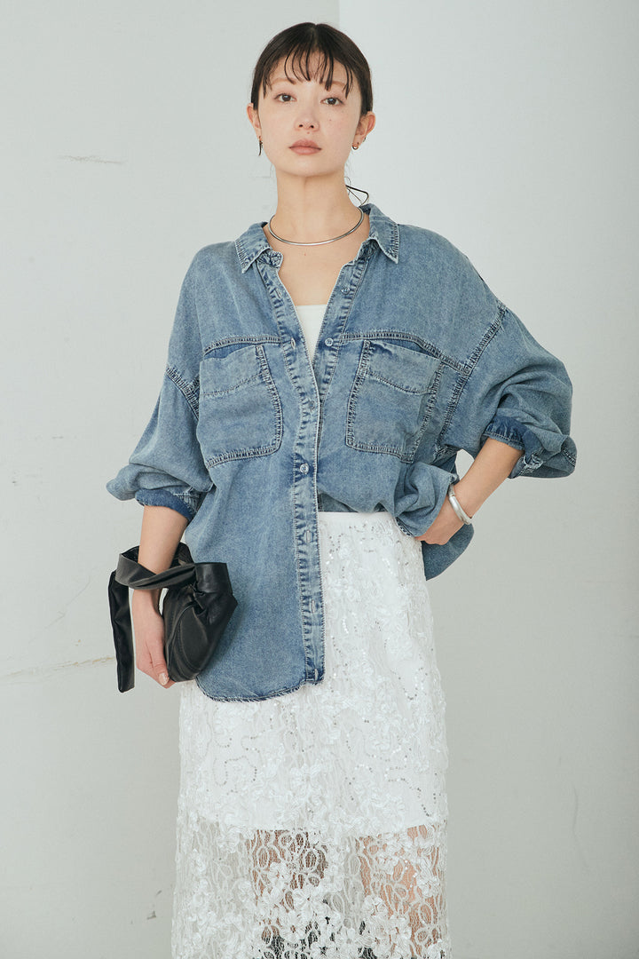 [SET]テンセルデニムシャツ+ラメ刺繍デザインスカート(2set)